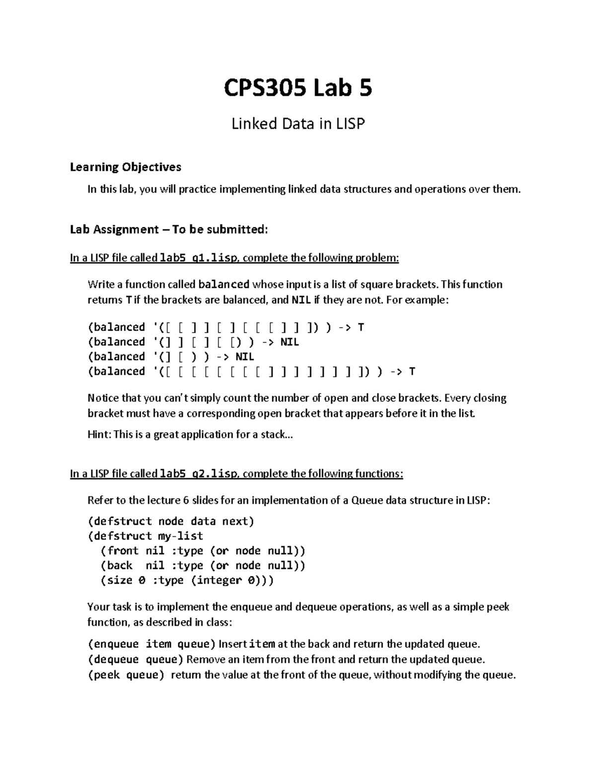 CPS305 Lab 5: Implementing Linked Data Structures in LISP - Studocu