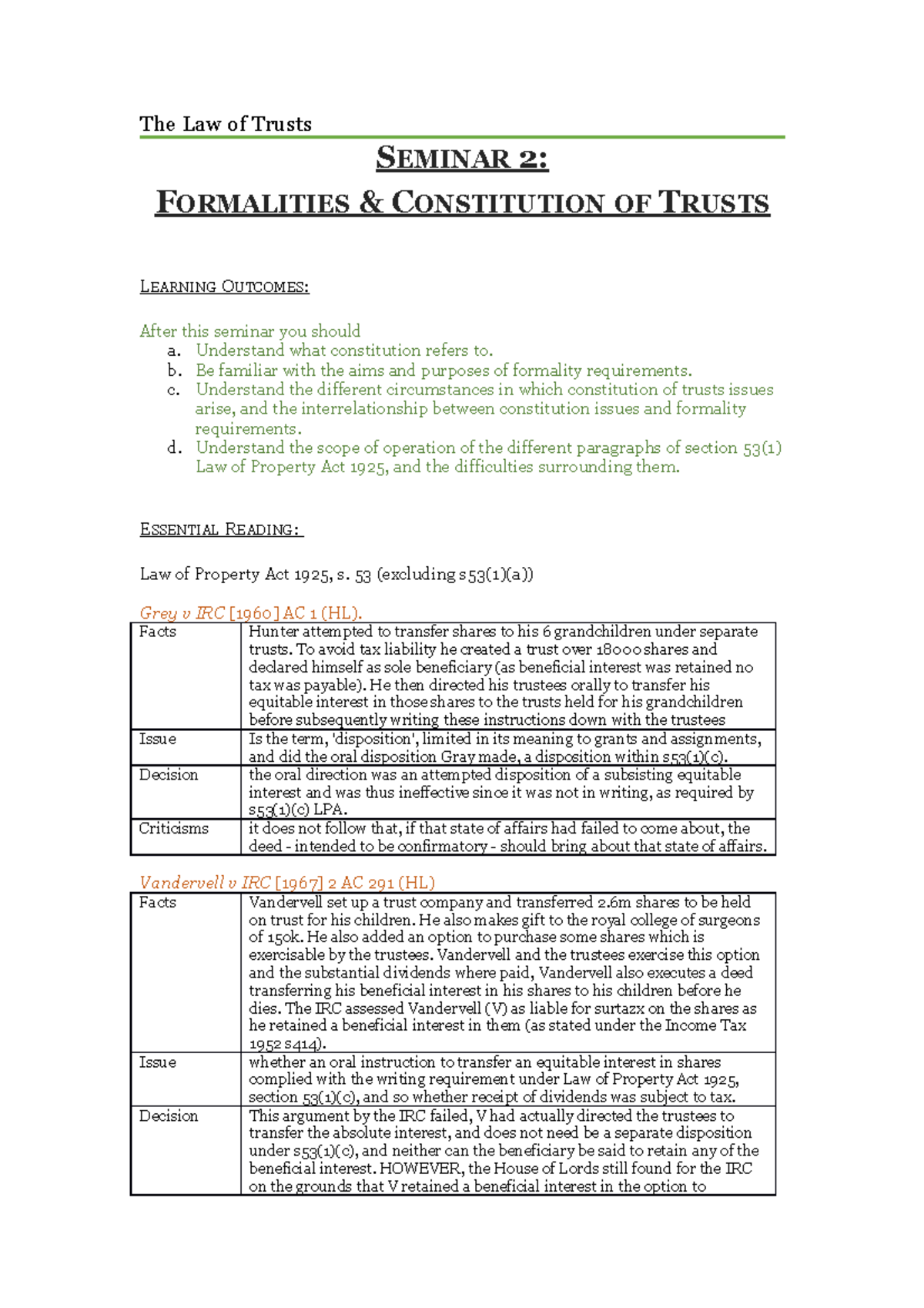 Seminar 2: Formalities & Constitution of Trusts in Law (LPA 1925) - Studocu