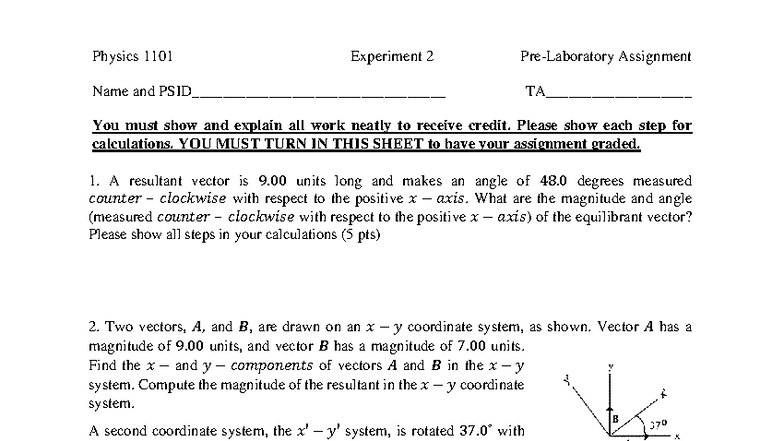 Physics 1101 Experiment 2: Pre-Lab Assignment and Calculations - Studocu