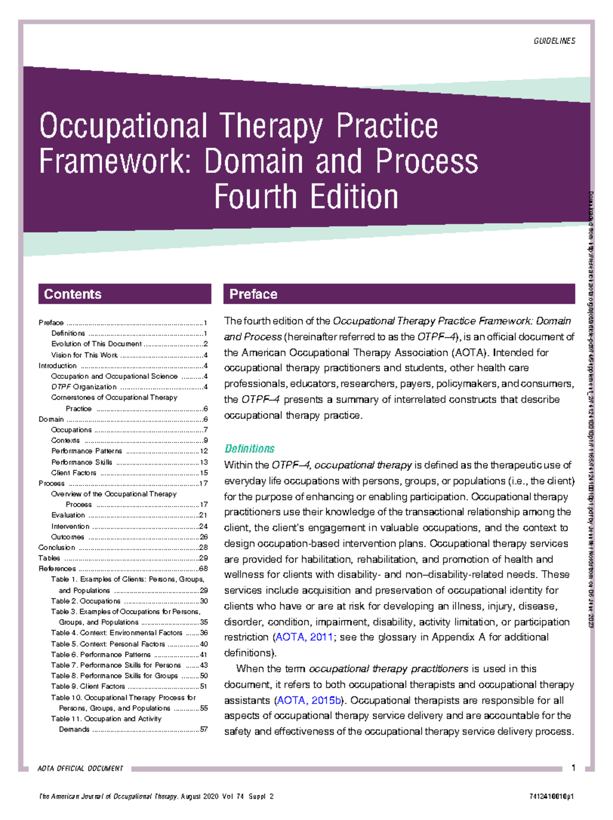 OTPF - Guide for OT students - Occupational Therapy Practice Framework ...