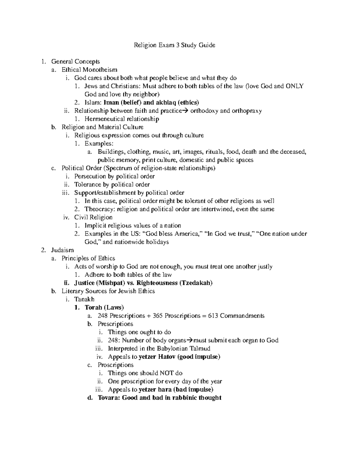 Religion Exam 3 Final Study Guide: Key Concepts & Ethical Themes - Studocu