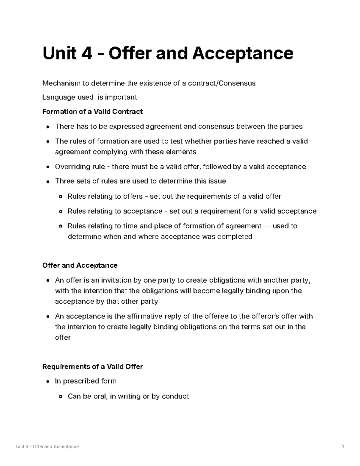 Unit 4 - Offer and Acceptance: Mechanisms for Valid Contract Formation ...