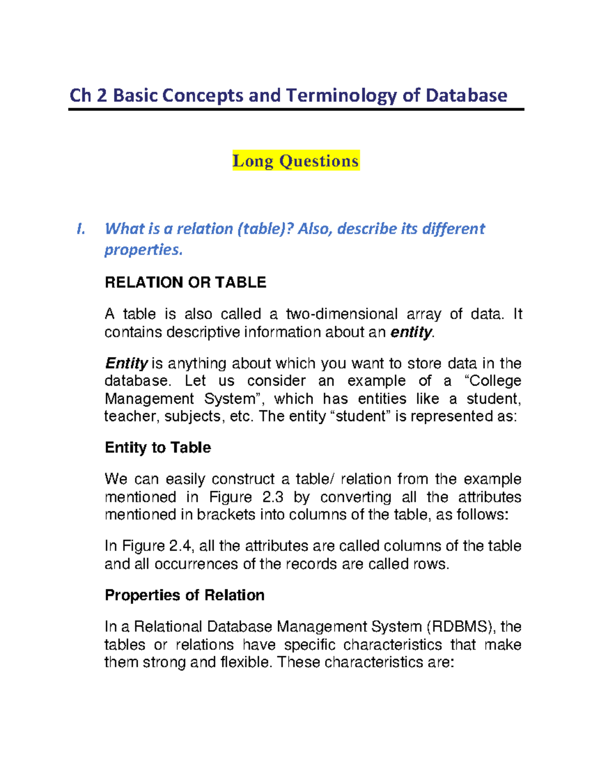 Ch 2 Long Questions on Database Concepts and Terminology - Studocu