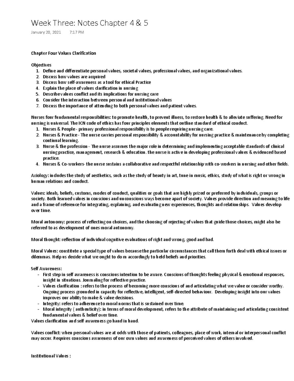 Week three Notes Chapter 4 and 5 - Chapter Four Values Clarification ...