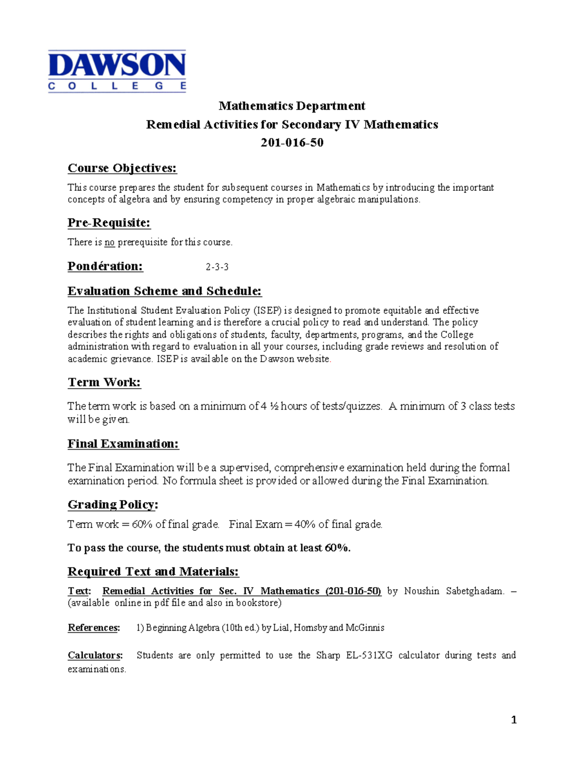 Remedial Activities for Secondary IV Math (201-016-50) Overview - Studocu