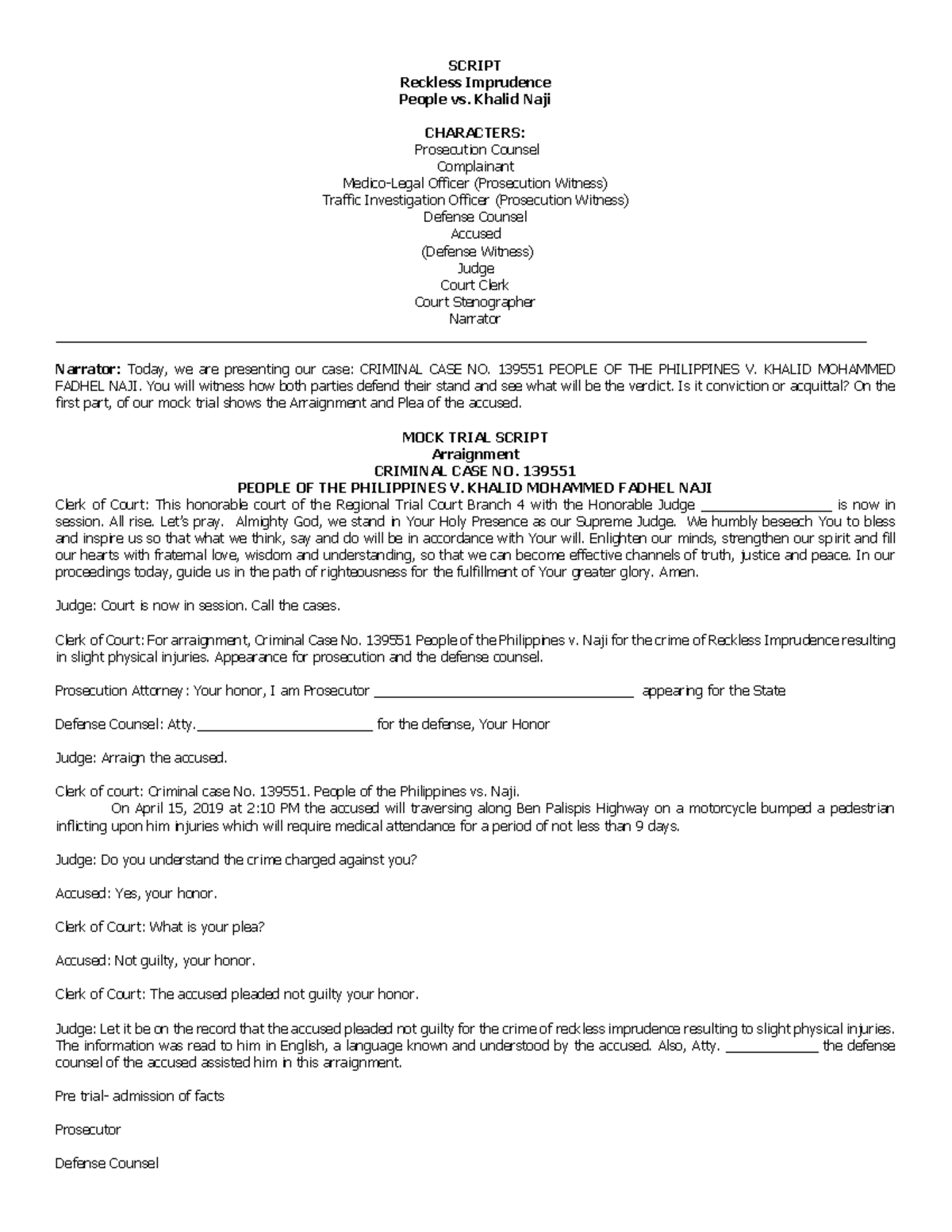 Script-arraignment - dsfvsdf - SCRIPT Reckless Imprudence People vs ...