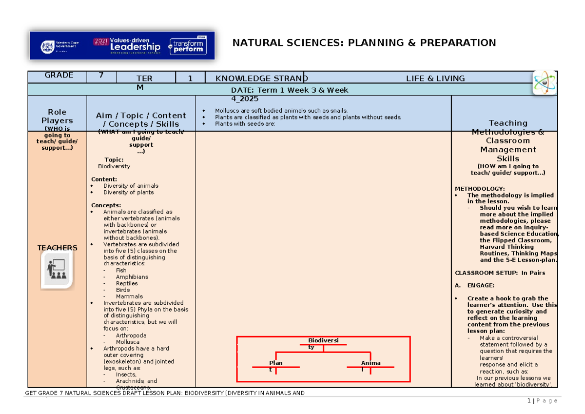 GET GRADE 7 NATURAL SCIENCES DRAFT LESSON PLAN: BIODIVERSITY IN ANIMALS ...