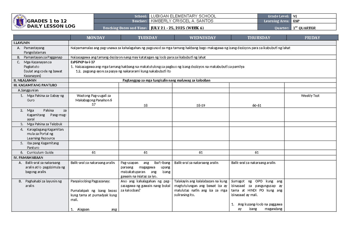 DLL ESP 6 Q1 W6: Daily Lesson Log for Grade 6 - Studocu