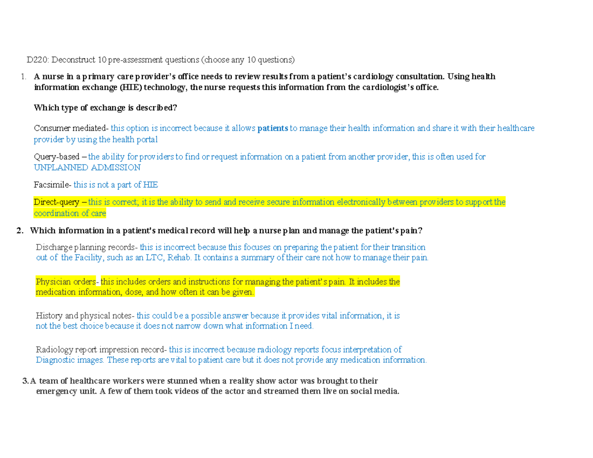D220: Analysis of 10 Pre-Assessment Questions in Healthcare