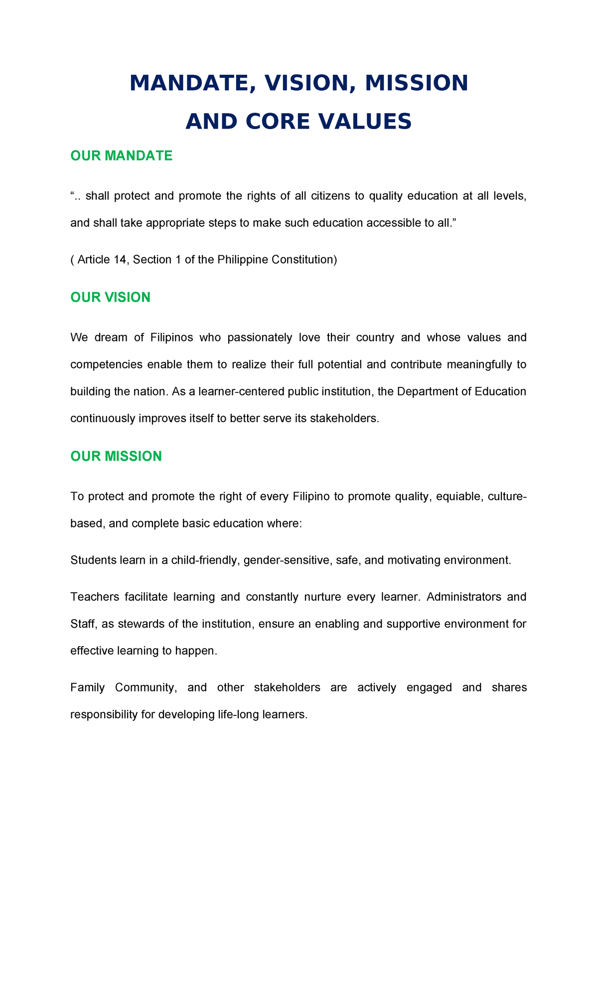 Mandate - MANDATE, VISION, MISSION AND CORE VALUES OUR MANDATE ...