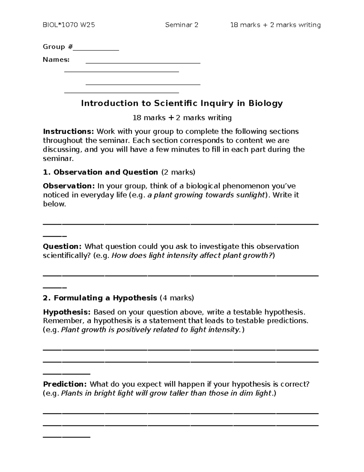 BIOL1070 W25 Seminar 2 Worksheet on Scientific Inquiry (18+2 Marks ...
