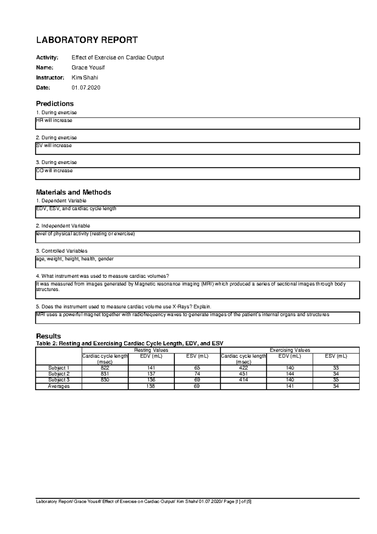 Anatomy and Physiology II: Cardiac Output Analysis from Exercise Lab ...