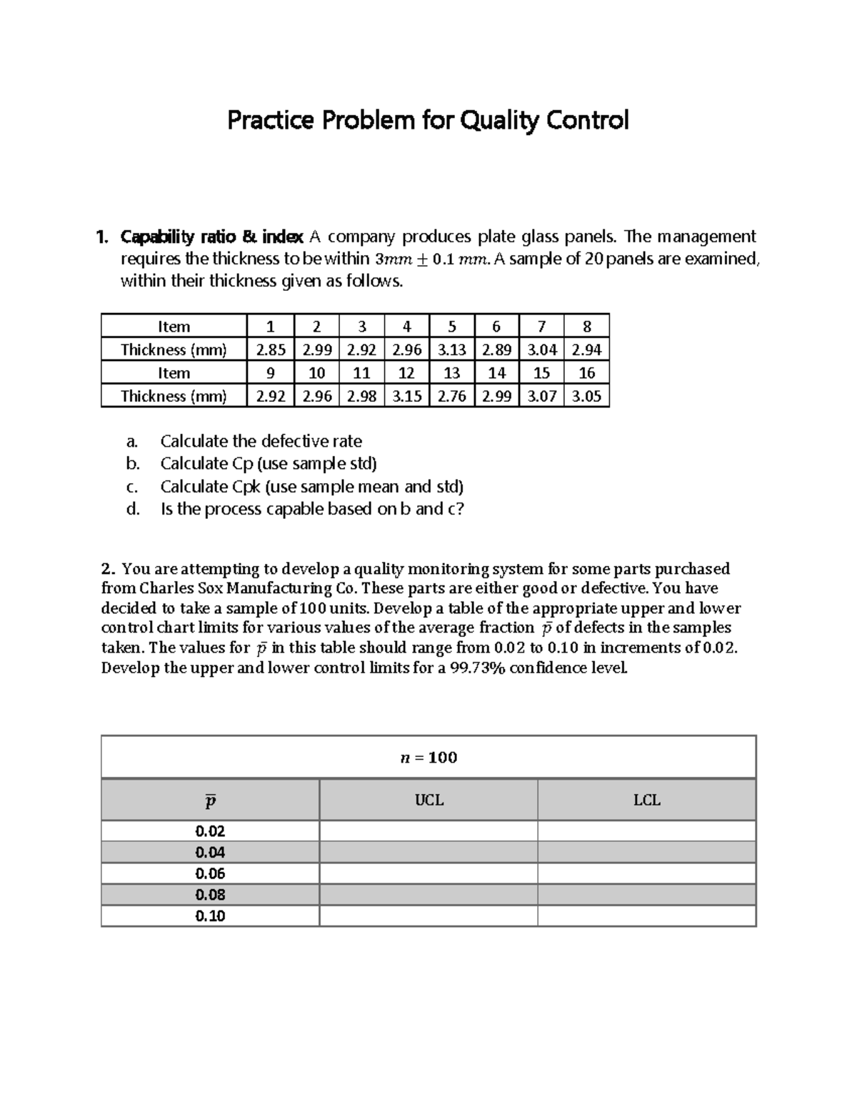 Practice Problem for Quality Control 1: Capability Ratio Analysis - Studocu