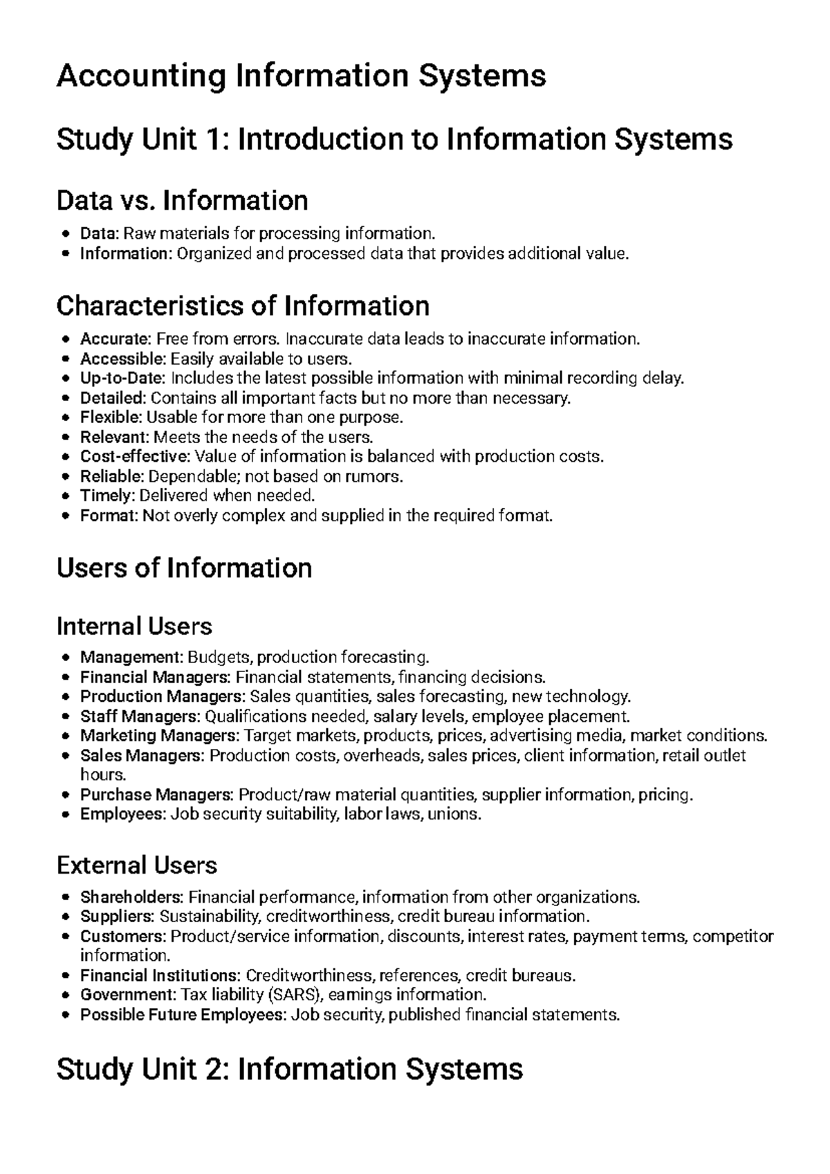 ACC 101: Study Guide for Accounting Information Systems Units 1-5 - Studocu