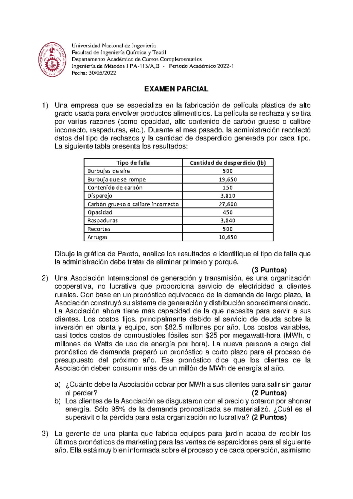 Examen Parcial Ingeniería de Métodos I PA-113/A,B - 2022 - Document Preview