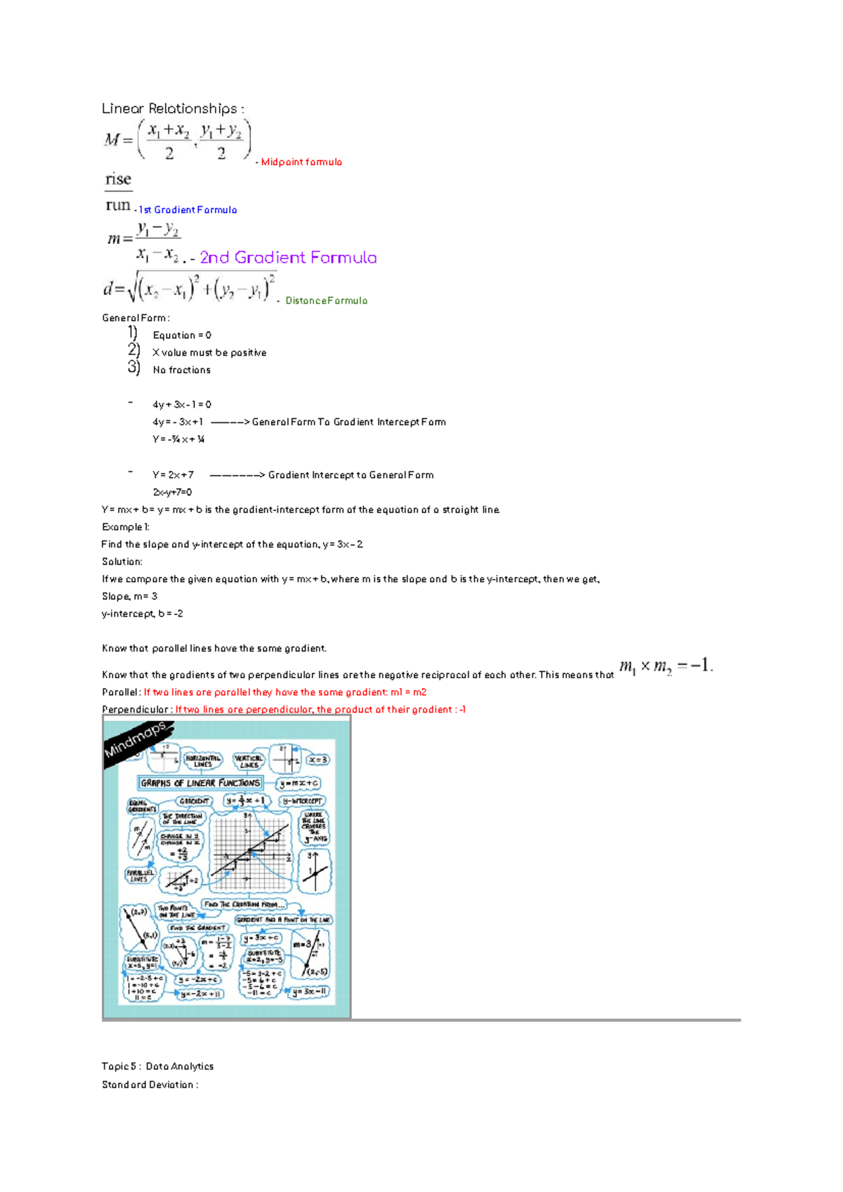 Maths Cheat Sheet: Linear Relationships & Data Analytics Concepts - Studocu