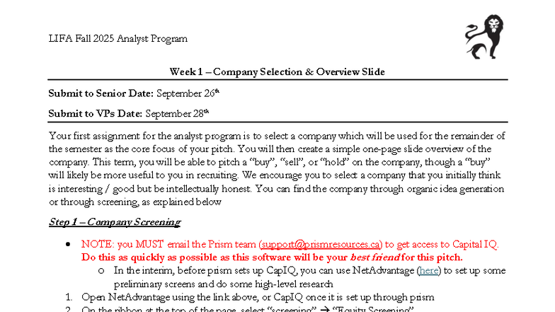 LIFA Fall 2025 Analyst Program: Week 1 Company Selection Guide - Studocu