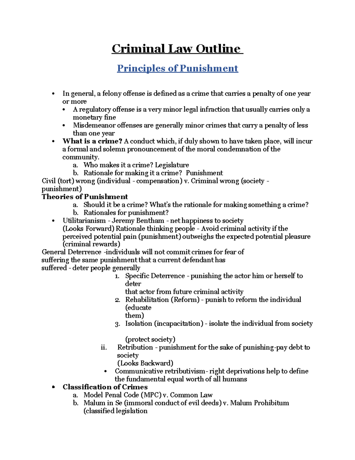 Criminal Law Outline: Principles of Punishment and Crime Classification ...