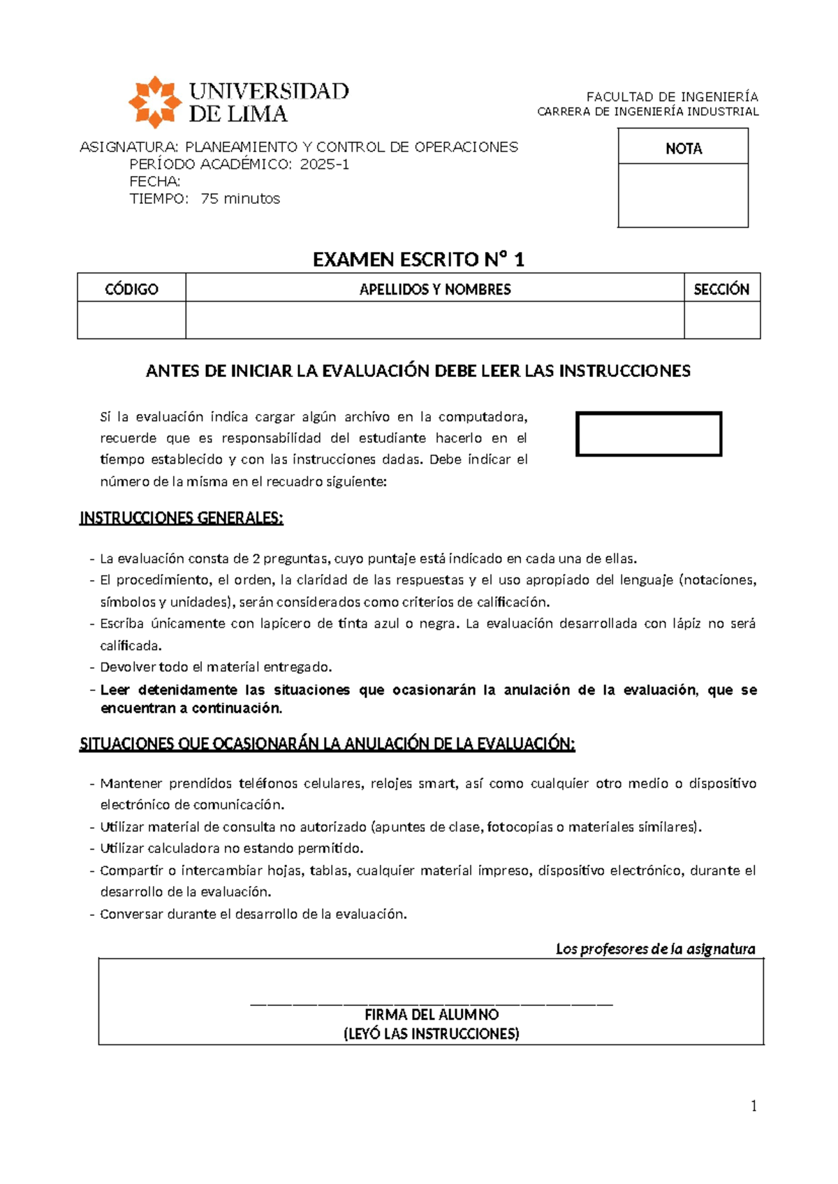 Examen Escrito Nº 1 - Planeamiento y Control de Operaciones - Studocu