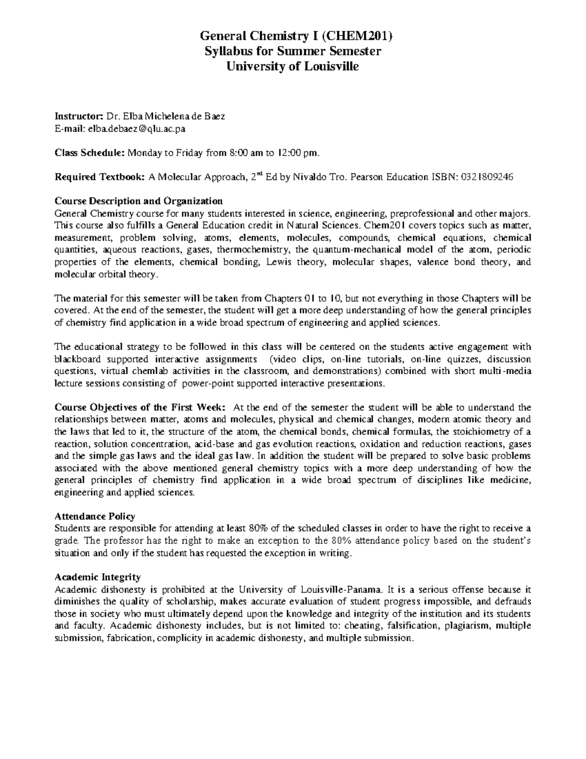 CHEM 201 Summer Syllabus and Course Overview for General Chemistry I ...
