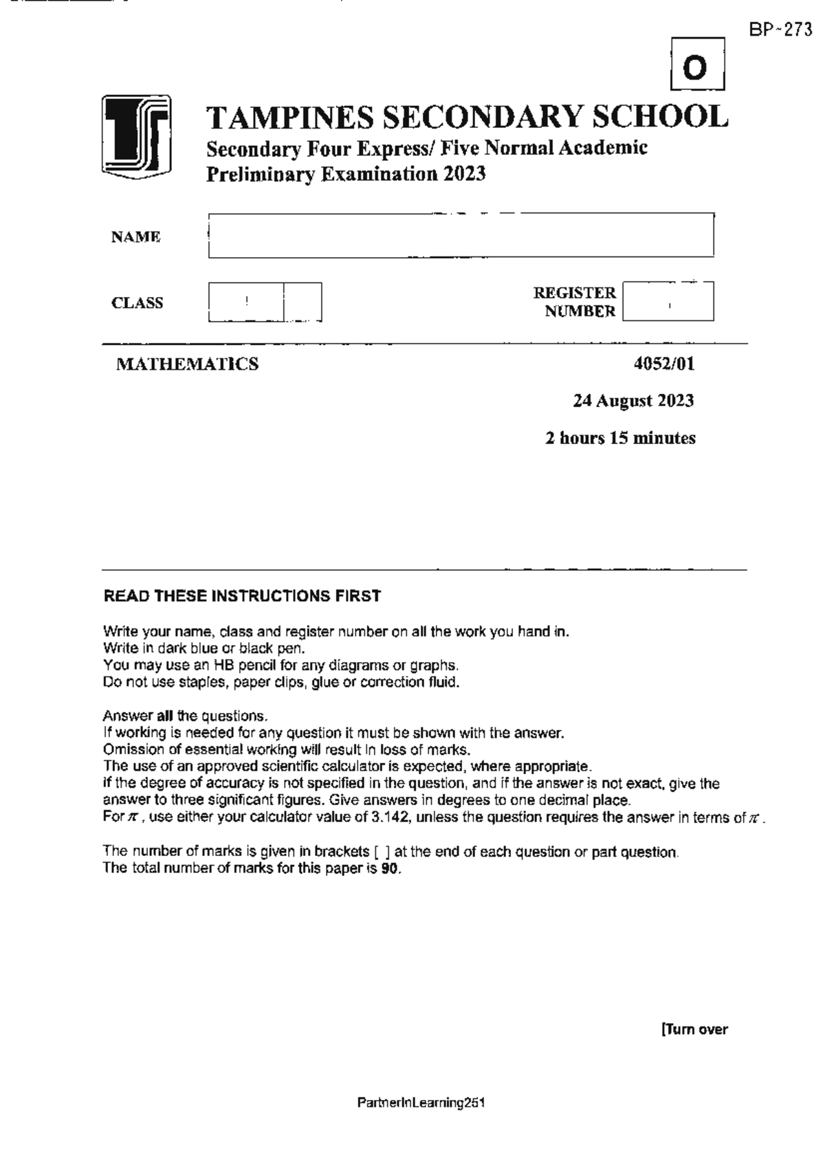 E-Math Sec 4 Preliminary Exam 2023 - Tampines Secondary School - Studocu