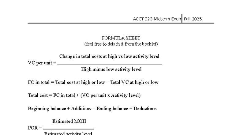 ACCT 323 Midterm Exam Fall 2025 Formula Sheet for Costs Analysis - Studocu