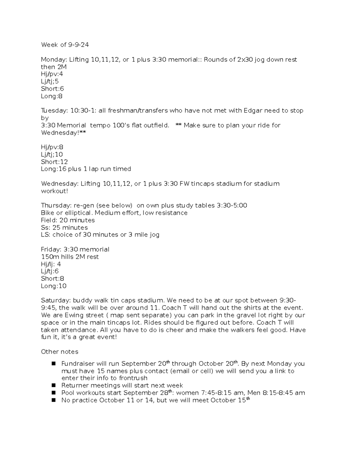 Week of 9-9 - Workout notes - Week of 9-9- Monday: Lifting 10,11,12, or ...