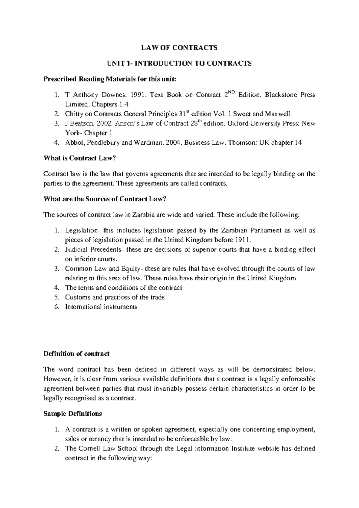 LAW OF CONTRACTS - UNIT 1-4 OVERVIEW AND KEY CONCEPTS - Studocu