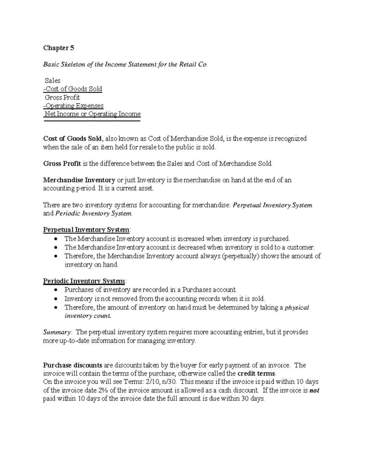 Chapter 5: Income Statement Basics for Retail Co. - Studocu