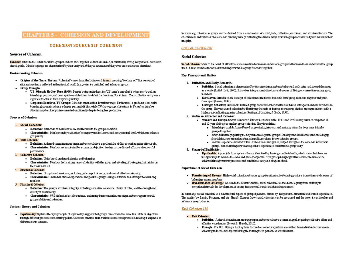 Chapter 5: Exploring Cohesion and Development in Groups - Studocu