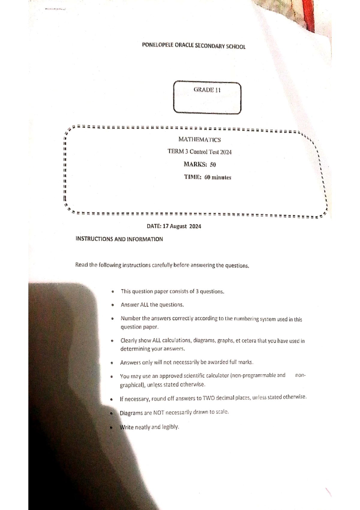 Grade 11 Maths Term 3 Control Test 2024 - ORACLE SCH 50 Marks - Studocu