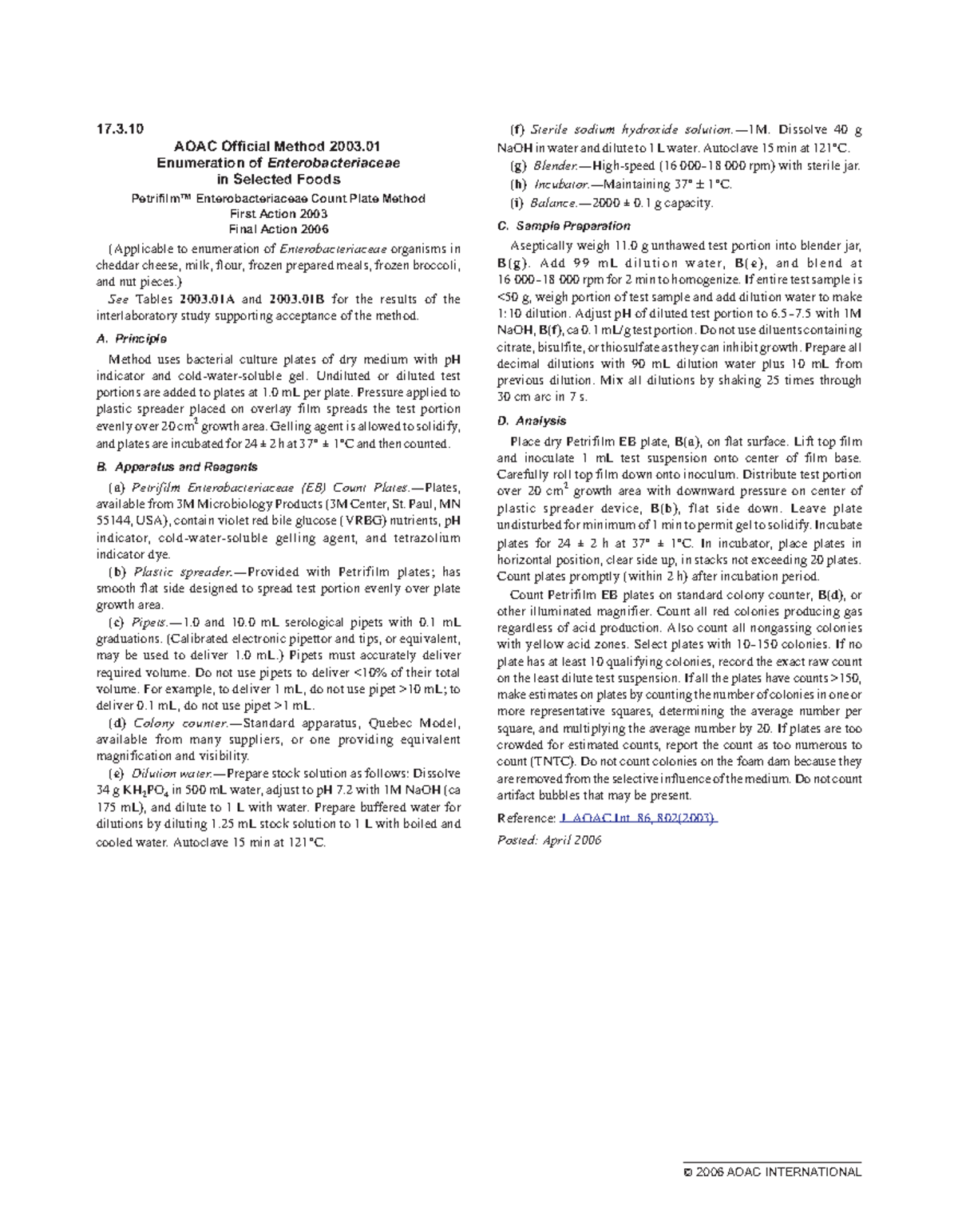 AOAC 2003.01 - Enumeration of Enterobacteriaceae in Foods - Studocu