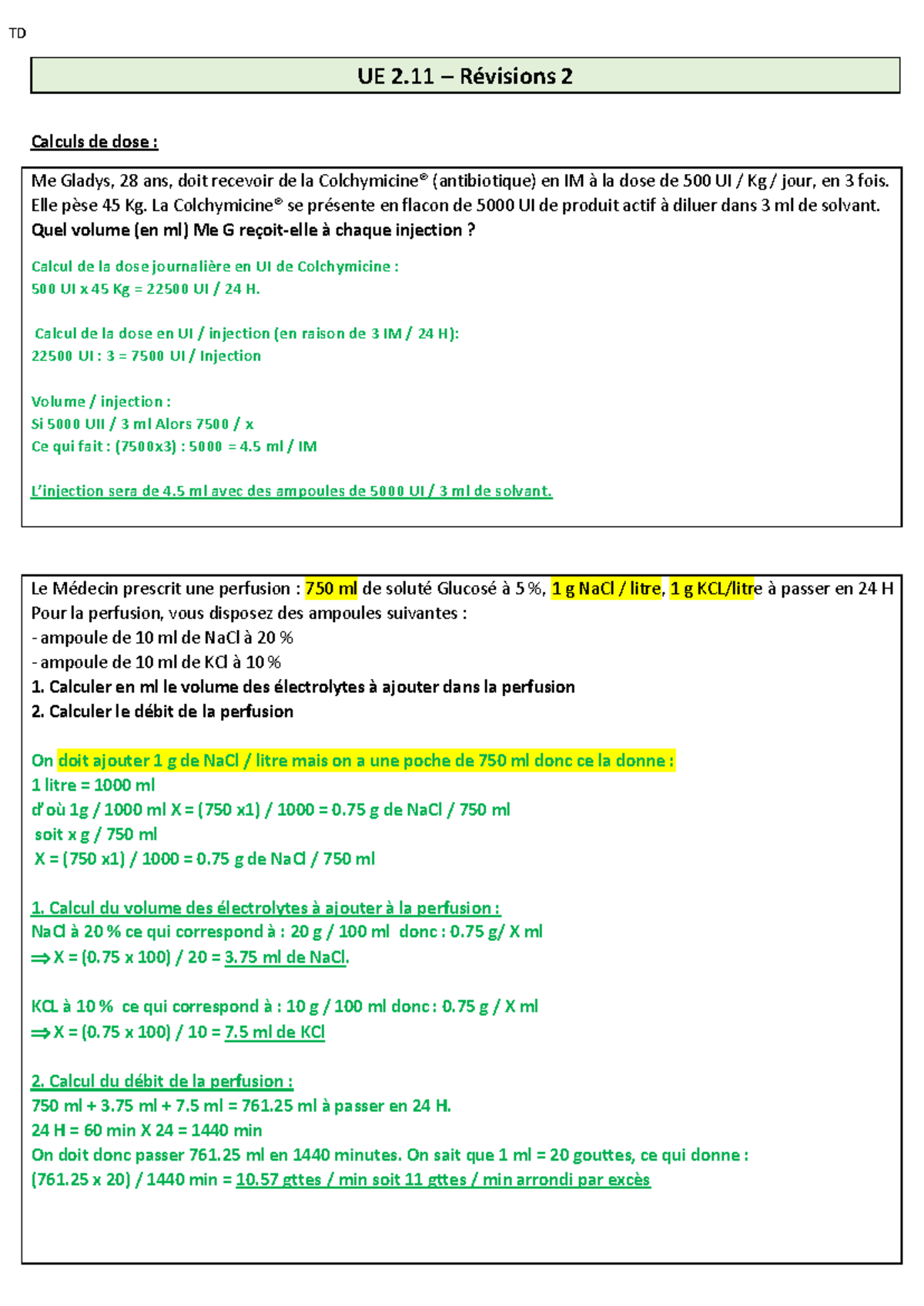TD UE 2.11 Révisions 2 Calculs de Dose et Perfusions Médicales Studocu — free download