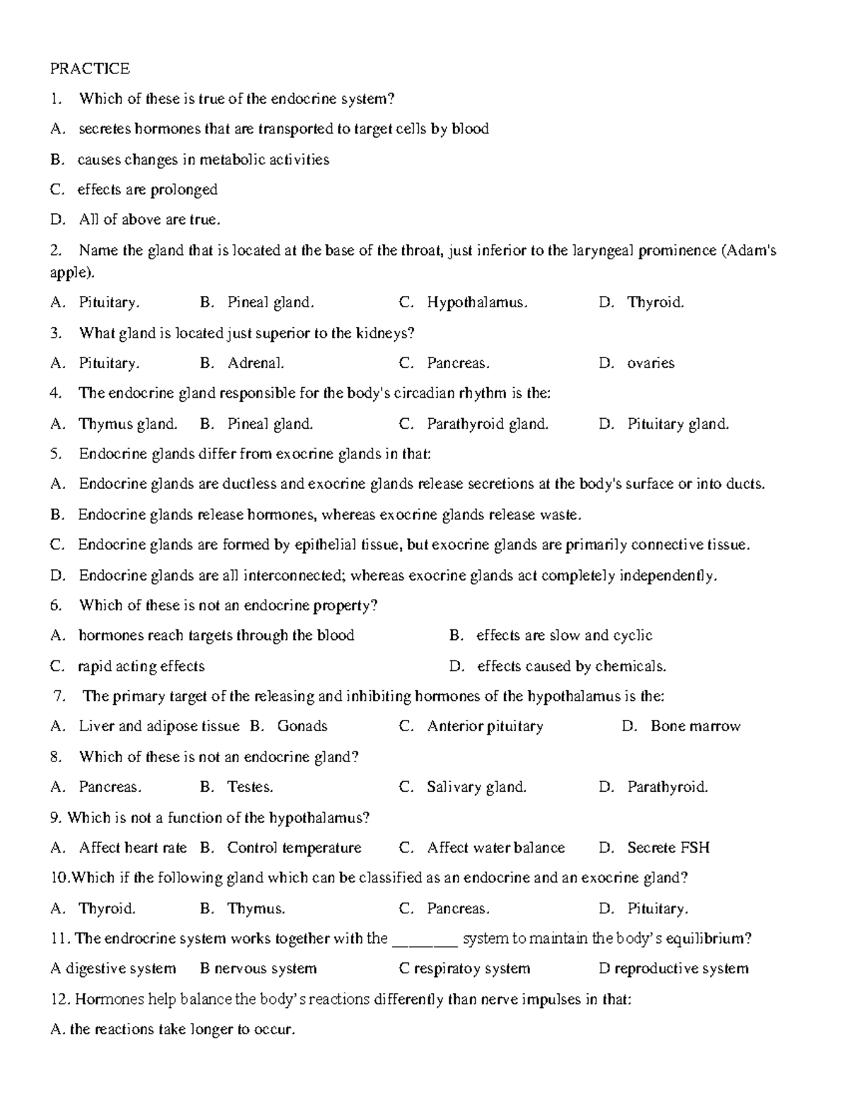 Endocrine System Practice Questions - A4 Review - Studocu