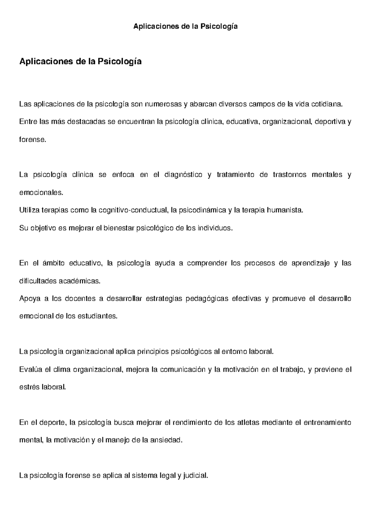 Aplicaciones de la Psicología: Perspectivas en Diversos Campos - Studocu