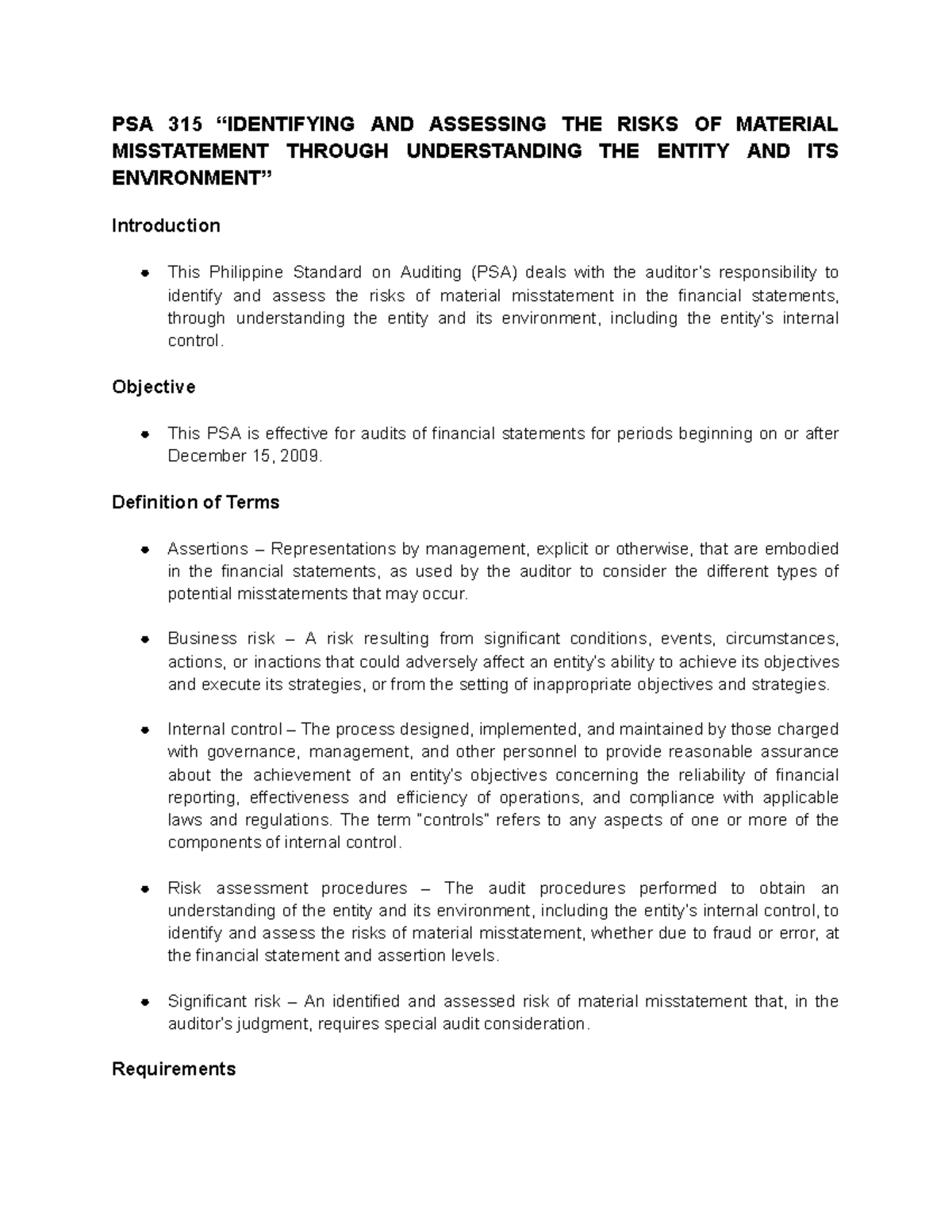 PSA 315 - Risk Assessment Procedures and Auditor Responsibilities - Studocu