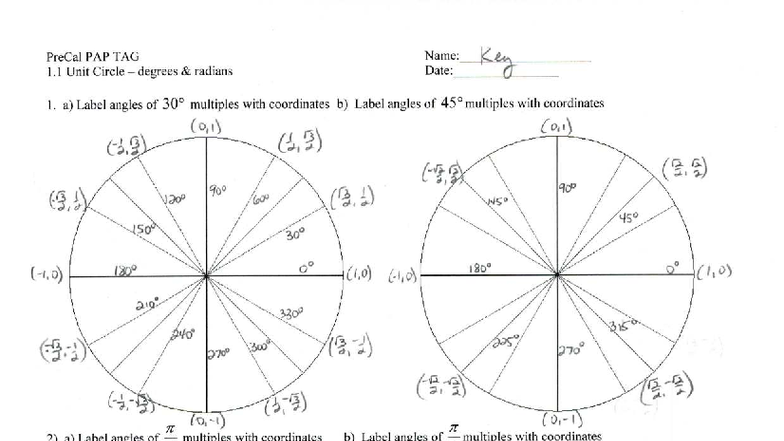 Key to PreCal PAP TAG 1 Unit Circle: Degrees & Radians Guide - Studocu