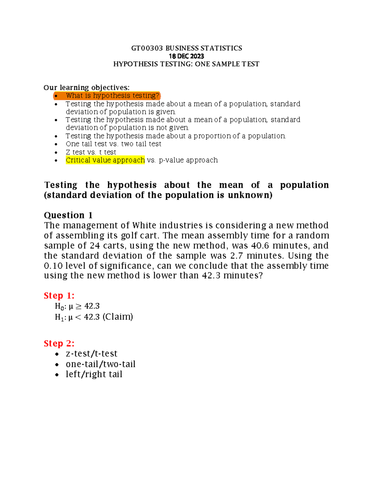 GT00303 Business Statistics: One Sample Hypothesis Testing Guide - Studocu