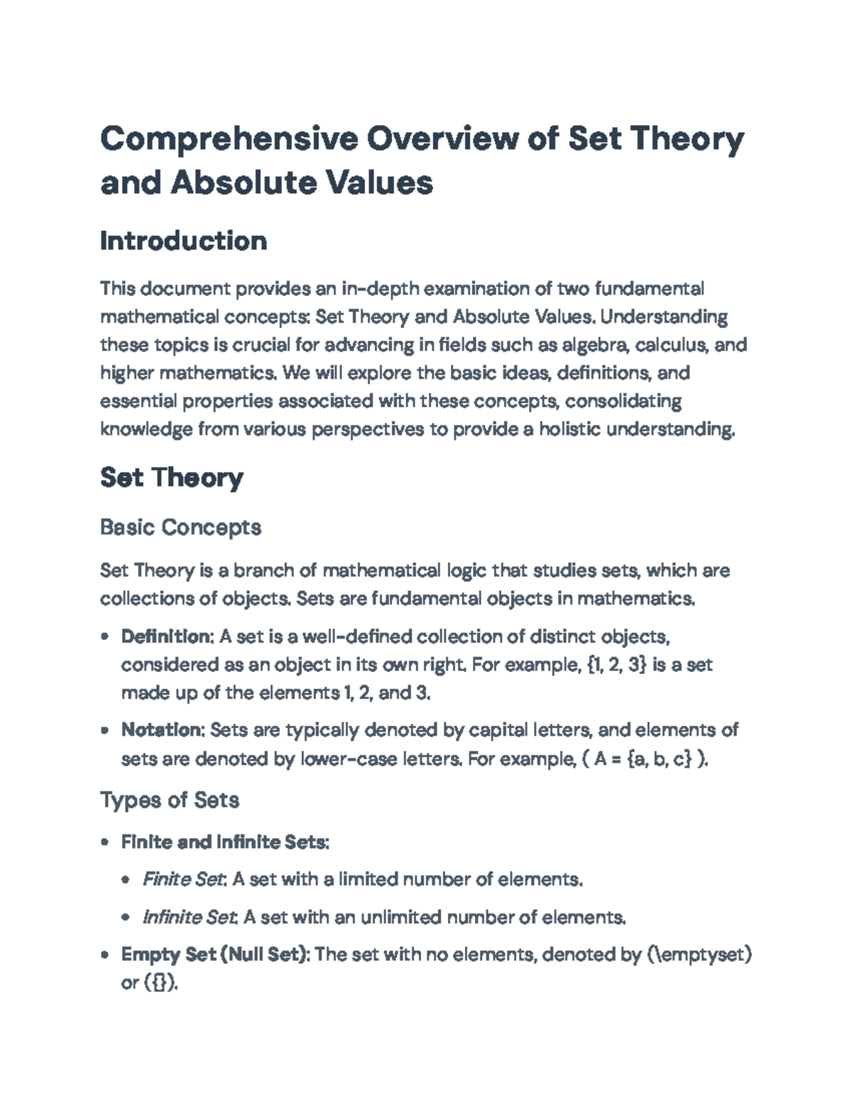 Set Theory and Absolute Values: Key Concepts and Properties ...