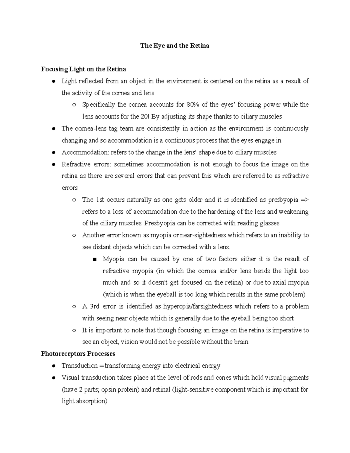 The Eye and the Retina - NOTES - The Eye and the Retina Focusing Light ...