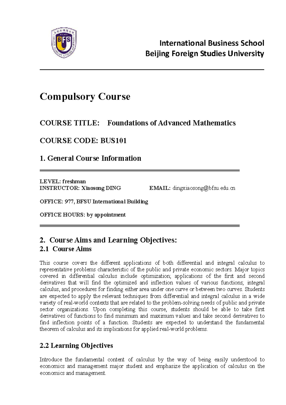 Foundations of Advanced Mathematics Syllabus - BUS101 - Studocu