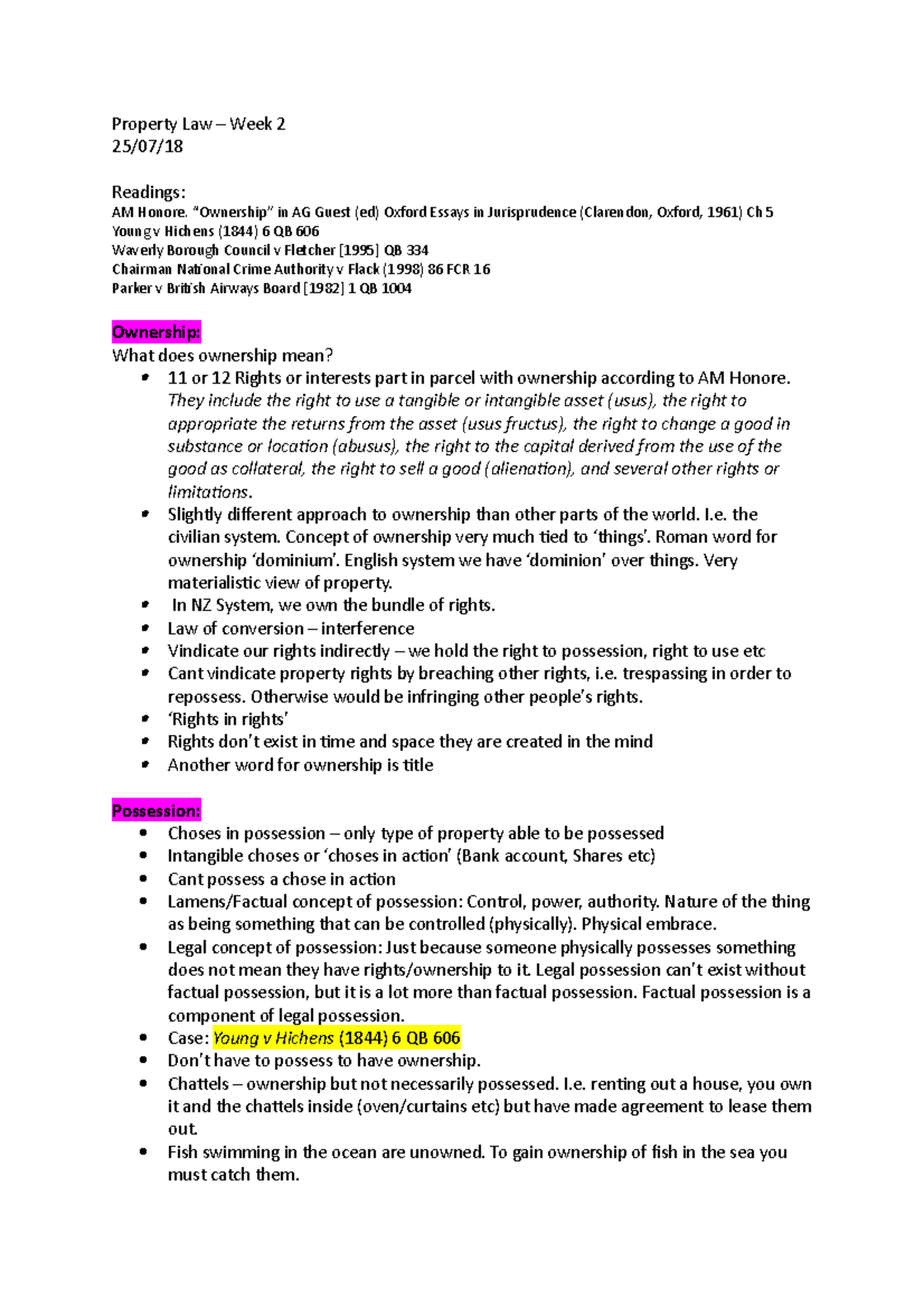 Property Law Week 2 - Lecture Notes on Ownership and Possession - Studocu