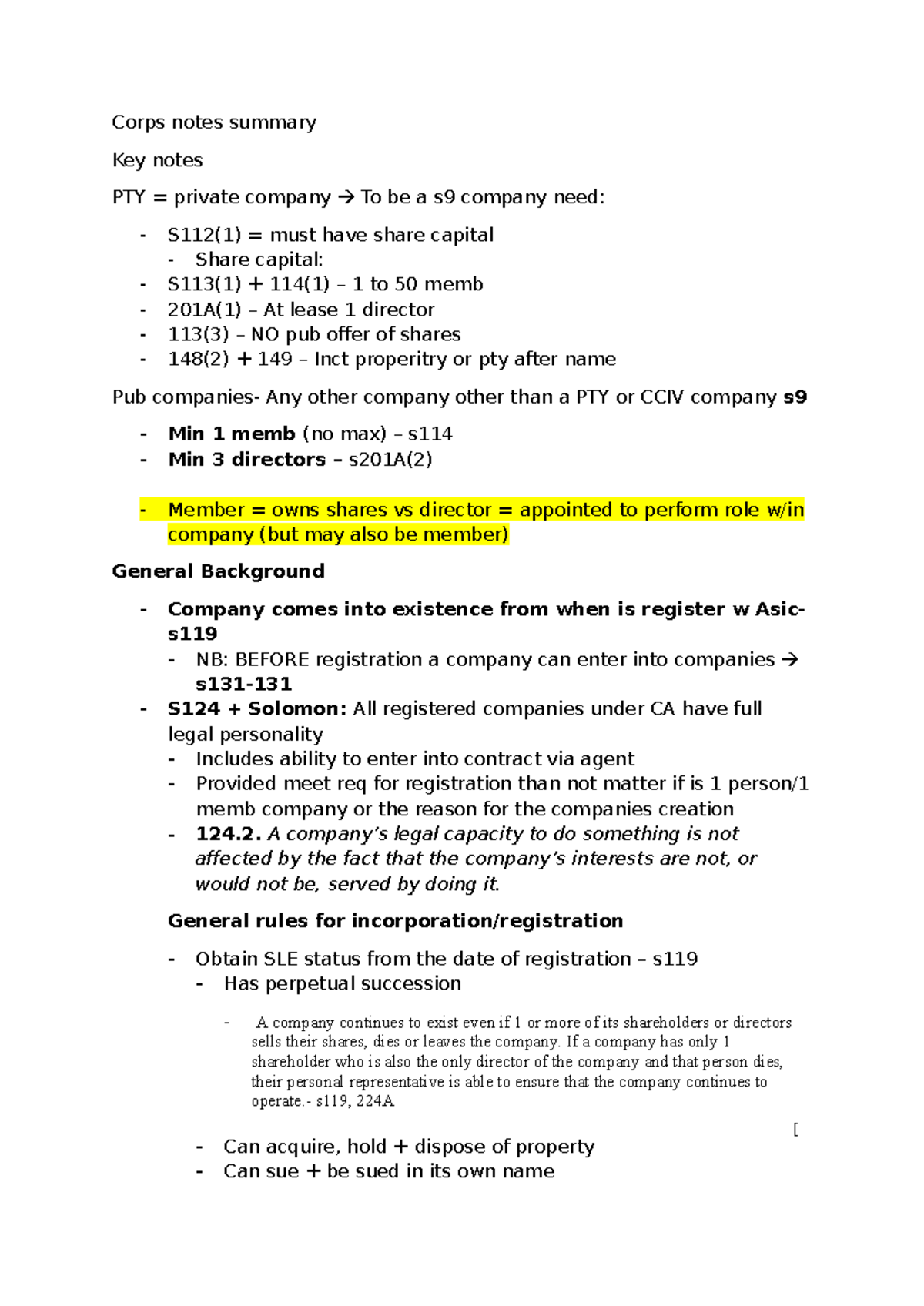 Corps Notes Summary: Key Points on PTY Company Regulations - Studocu