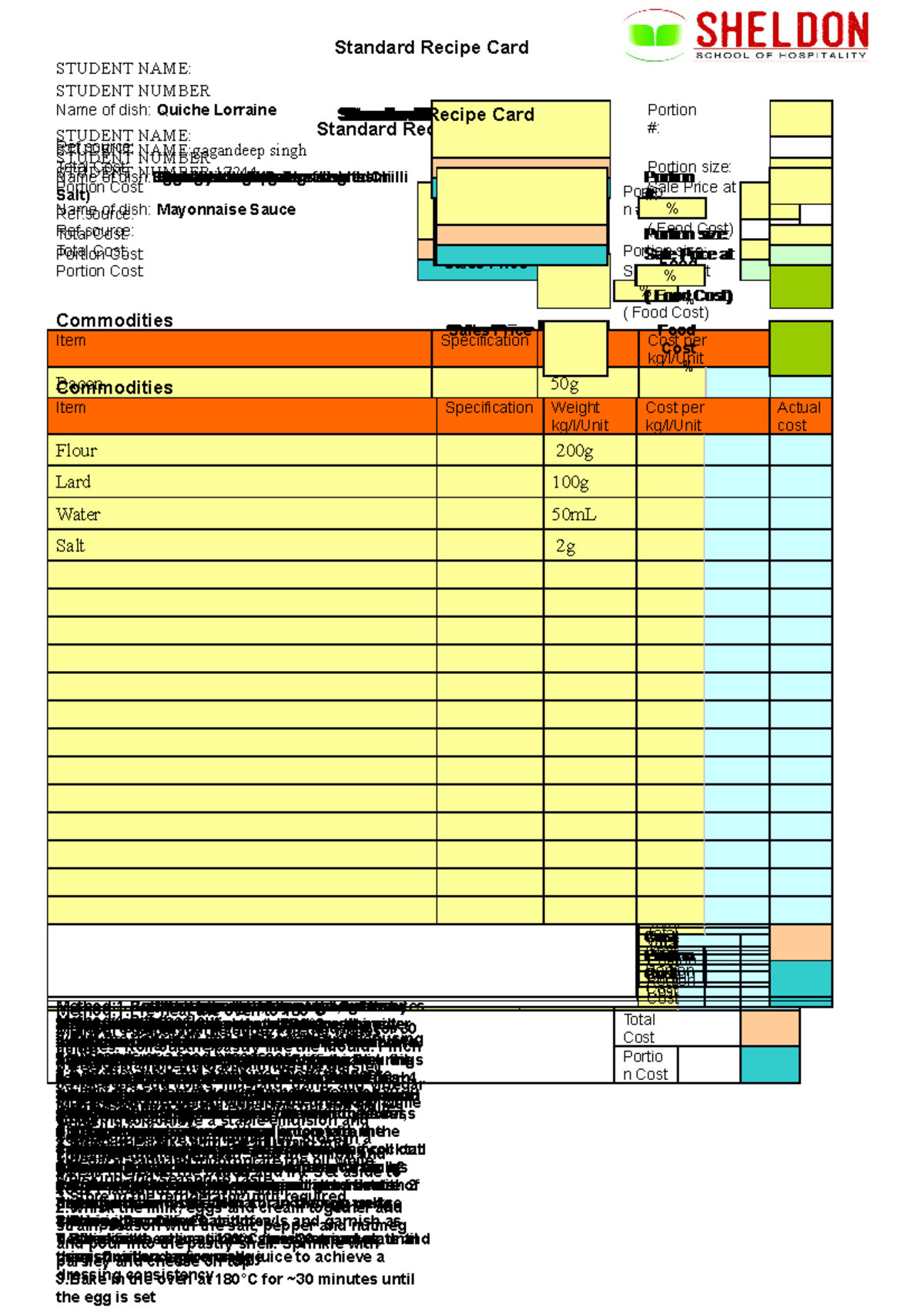 Standard Recipe Cards for Various Dishes - CCC006 - Studocu