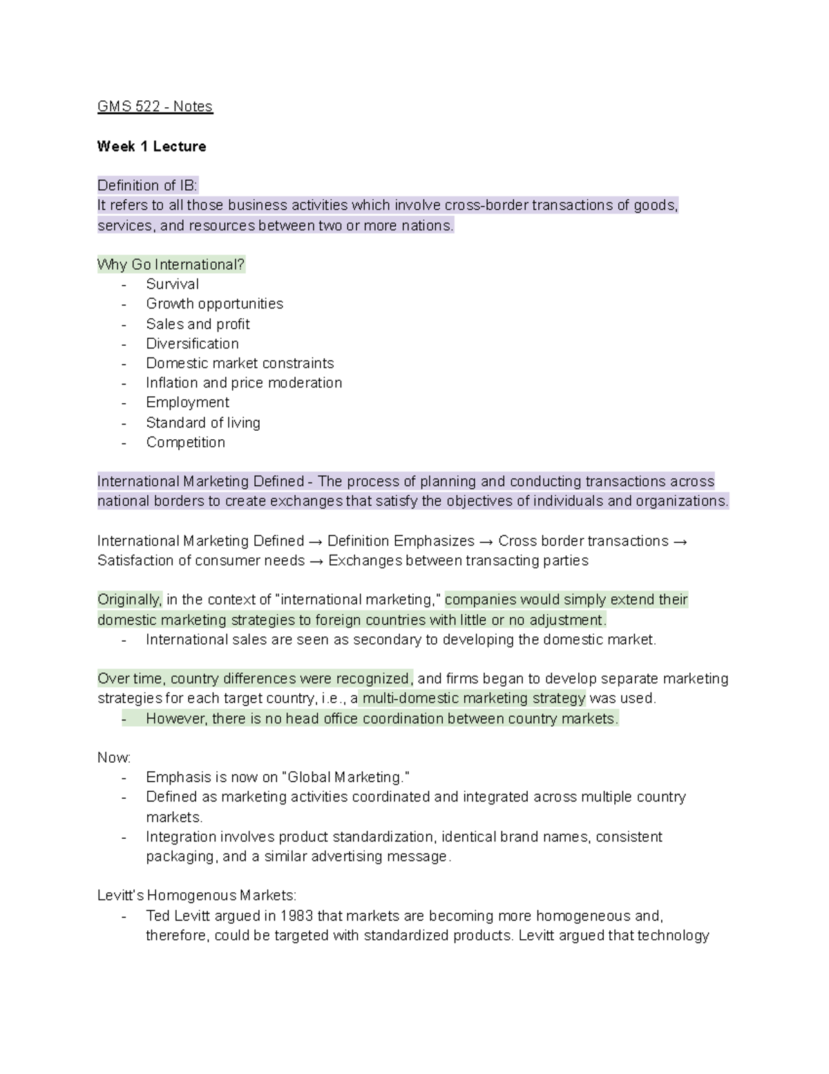 GMS 522 - Week 1 Lecture Notes on International Business Concepts - Studocu