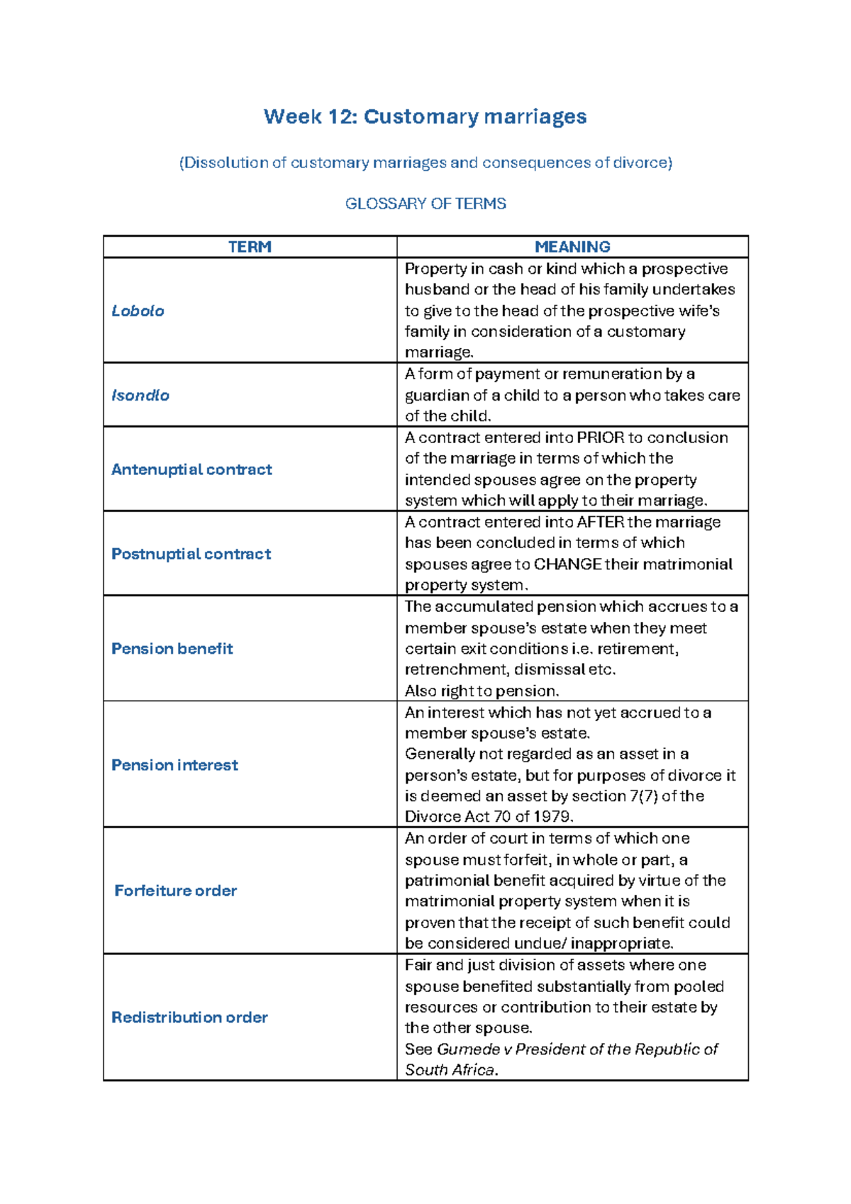 Week 12: Glossary of Customary Marriages Terms and Divorce Consequences ...