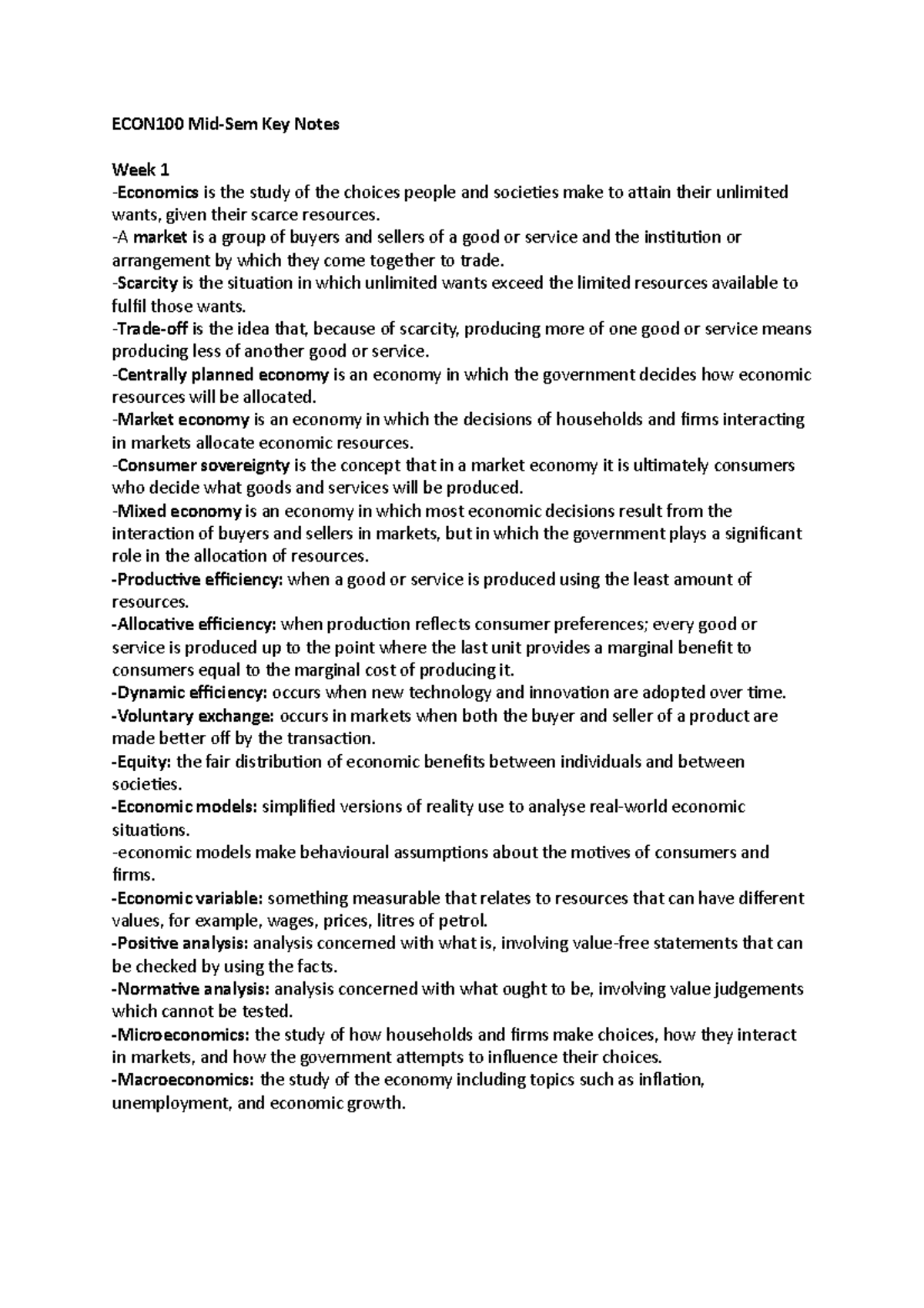 ECON100 Final Exam Key Notes and Key Economic Concepts - Studocu