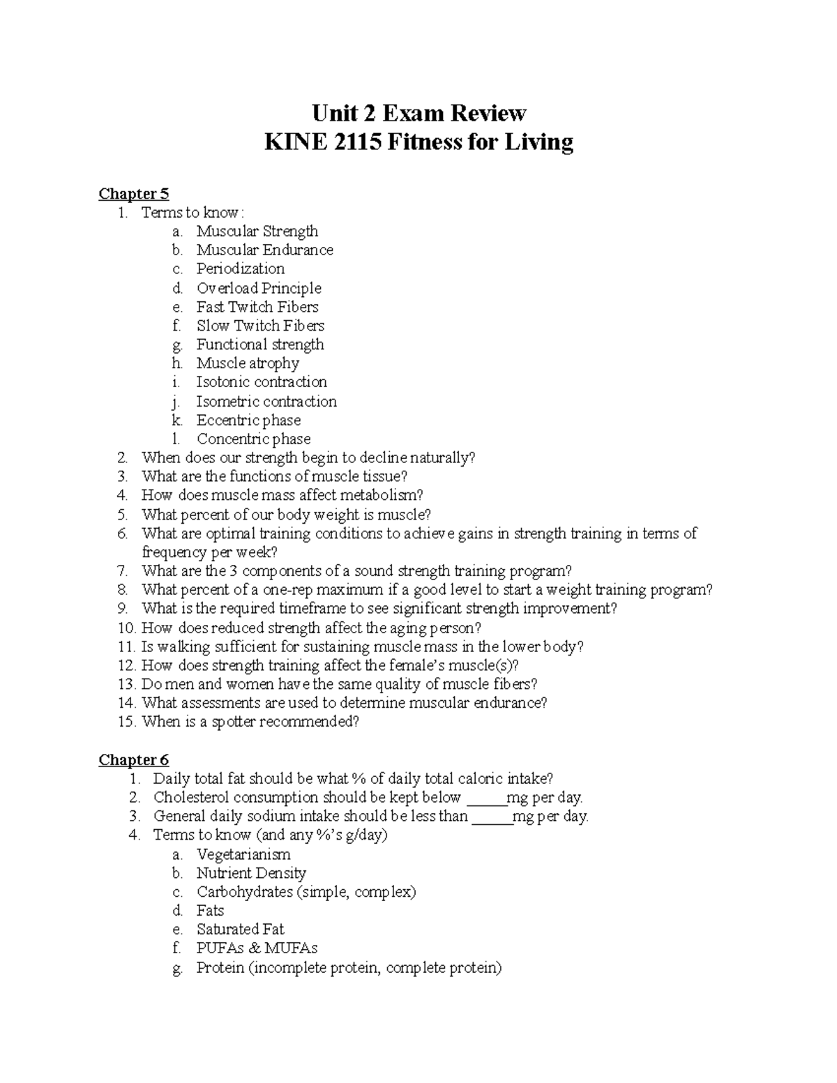Unit 2 Exam Review - Unit 2 Exam Review KINE 2115 Fitness for Living ...