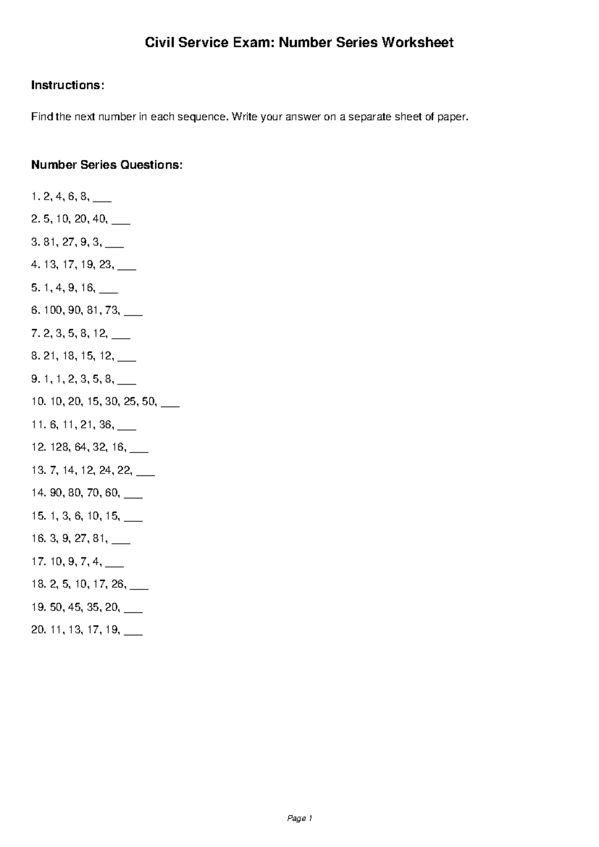 CSE Civil Service Exam: Number Series Worksheet - Studocu