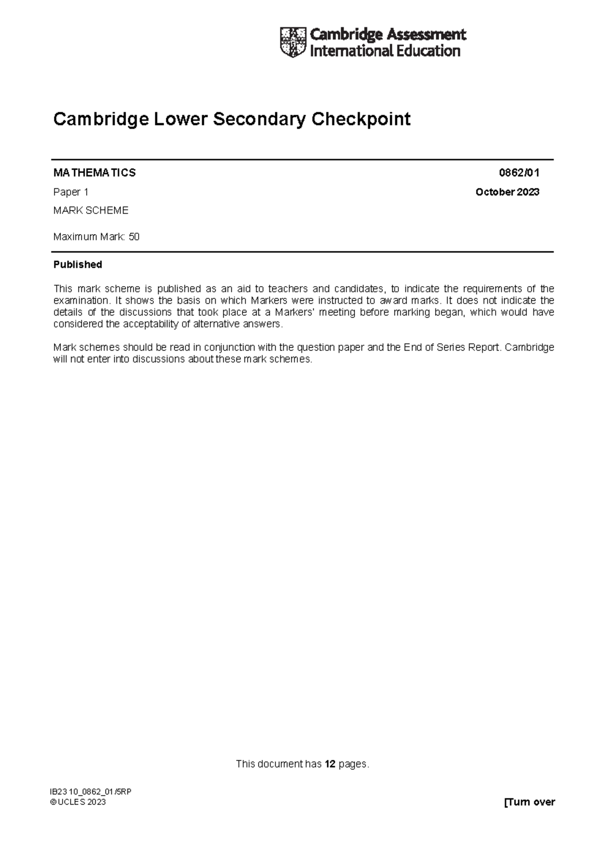 10 0862 01 MS 5RP October 2023 Lower Secondary Checkpoint Mark Scheme ...